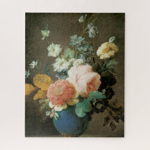 Rosen, Ranunkeln und andere Blumen in einer blauen Puzzle