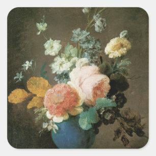 Rosen, Ranunkeln und andere Blumen in einer blauen Quadratischer Aufkleber