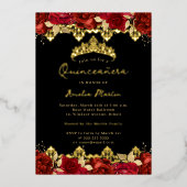 Rosen Red Gold Damask Floral Quinceanera Folieneinladung (Vorderseite)