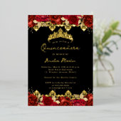 Rosen Red Gold Damask Floral Quinceanera Folieneinladung (Stehend vorne)