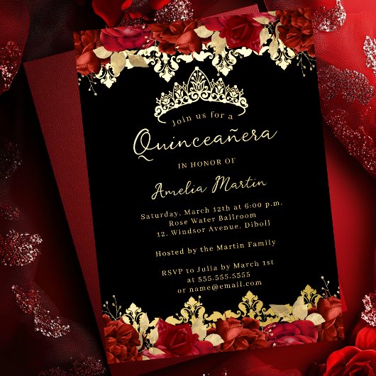 Rosen Red Gold Damask Floral Quinceanera Folieneinladung