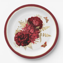 Rosen Red Gold Floral Butterfly Pappteller