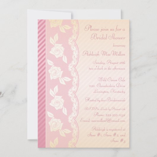 Rosen-Rosa, Elfenbein-Blumenspitze-Brautparty Einladung (Vorderseite)