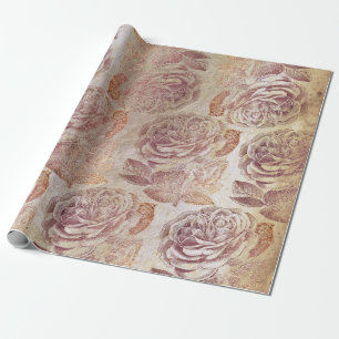 Rosen-rosa Rosen-Goldmetallisches altes mit Geschenkpapier