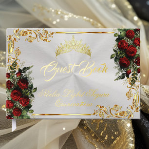 Rosen, Tiara und Goldblätter - Perlenweiß Gästebuch
