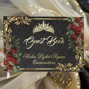 Rosen, Tiara und Goldblätter - Schwarz Gästebuch
