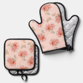 Rosen und Blätter, rosa Ofenhandschuh & Topflappen-Set (Vorderseite/Rückseite)