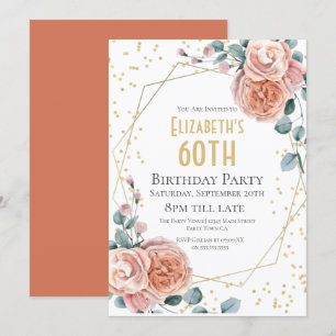 Rosen- und Eukalyptus-Blumenparty zum 60. Geburtst Einladung