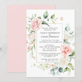 Rosen und Eukalyptus-Rahmen rosa Rücken Hochzeit Einladung