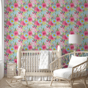 Rosen und Gänseblümchen mit Spitze auf Blau Tapete