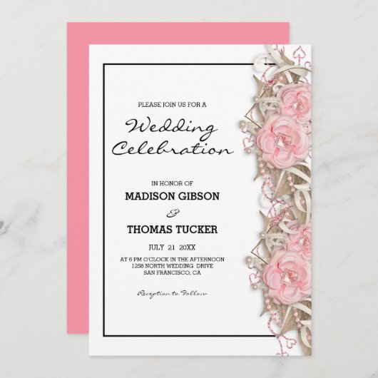 Rosen und Glitzer Einladung (Vorne/Hinten)