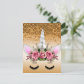 Rosen und Gold Glitzer Einhorn Postkarte (Stehend Vorderseite)