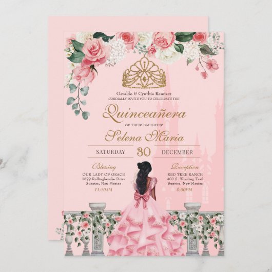 Rosen und Gold Princess Mairytale Quinceanera Einladung (Vorne/Hinten)