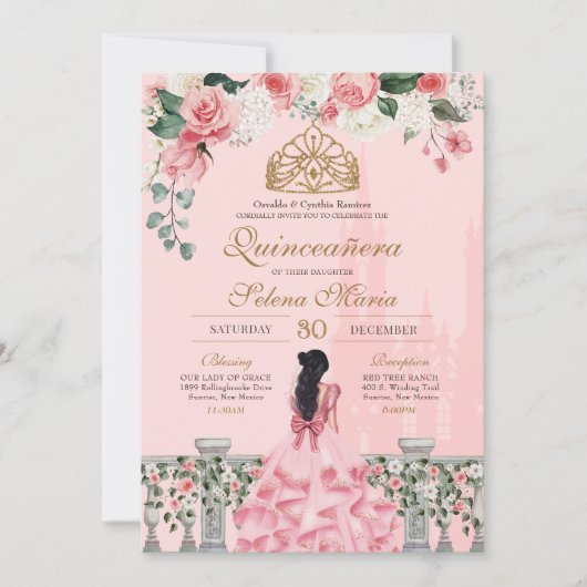 Rosen und Gold Princess Mairytale Quinceñera Einladung (Vorderseite)
