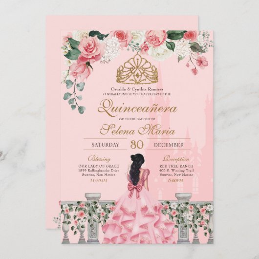 Rosen und Gold Princess Mairytale Quinceñera Einladung (Vorne/Hinten)