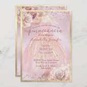 Rosen und Gold Quinceñera, rot und rosa Einladung (Vorne/Hinten)