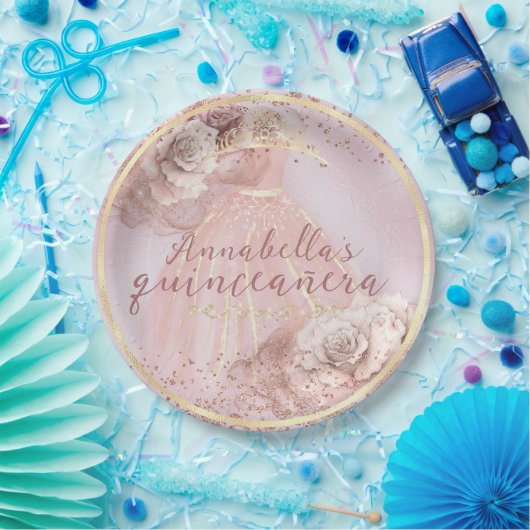 Rosen und Gold Quinceñera, rot und rosa Pappteller (Party)