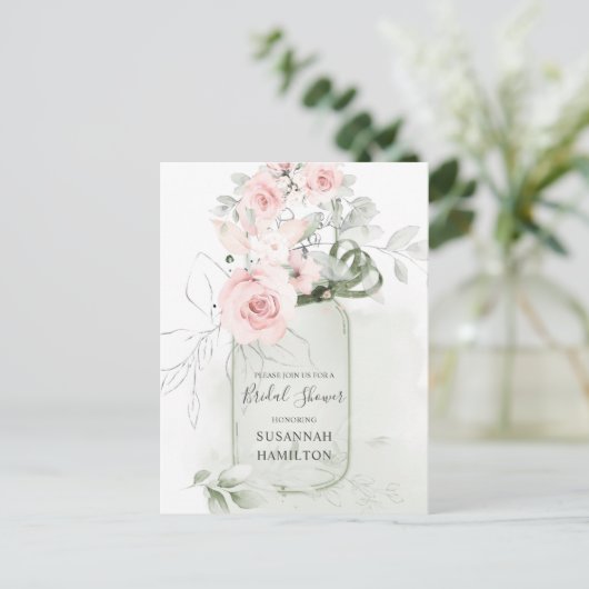 Rosen und Grüne Mason Jar Bridal blush Pink Postkarte (Stehend Vorderseite)