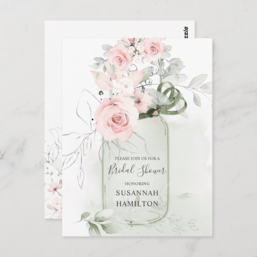 Rosen und Grüne Mason Jar Bridal blush Pink Postkarte (Vorne/Hinten)