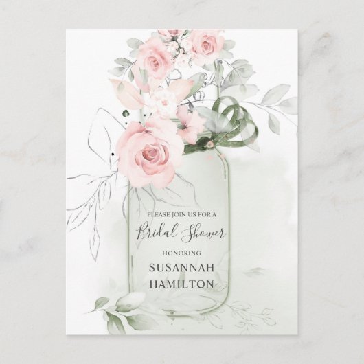 Rosen und Grüne Mason Jar Bridal blush Pink Postkarte (Vorderseite)