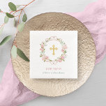 Rosen und Imitate Rose Gold Akzente Taufe Serviette<br><div class="desc">Diese wunderschönen Taufe oder taufenden Party-Servietten sind mit einem Kranz von hübschen rosa Aquarellfarben-Rose mit grünen Blätter und Imitaten Rose goldenen Akzenten,  mit einem Imitat goldenen Kreuz in der Mitte.</div>