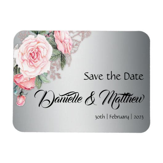 Rosen und Metallisches Silber Save the Date Magnet (Horizontal)