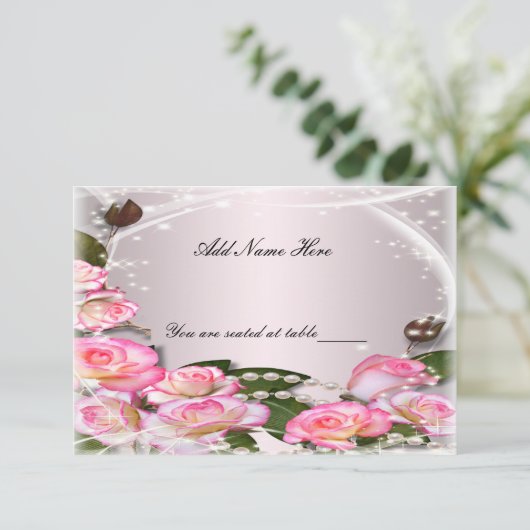 Rosen und Perlen in Rosa, elegant, Platzkarte (Stehend Vorderseite)
