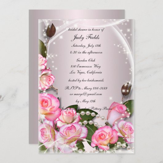 Rosen und Perlen laden zum Brautparty ein Einladung (Vorne/Hinten)