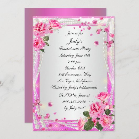 Rosen und Perlen laden zum Junggeselinnen-Abschied Einladung (Vorne/Hinten)