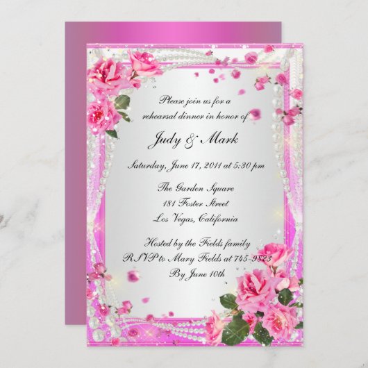Rosen und Perlen Probe Abendessen Einladung (Vorne/Hinten)