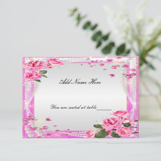 Rosen und Perlen, rosa Platzkarte (Stehend Vorderseite)