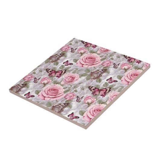 Rosen und Schmetterlinge Aquarell Fliese (Seite)