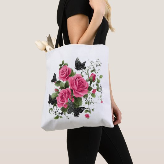 Rosen und Schmetterlinge, farbenfrohes Design, Tasche (Von Nahem)