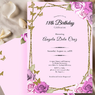 Rosen und Schmetterlinge Pink 18. Debüt-Geburtstag Einladung