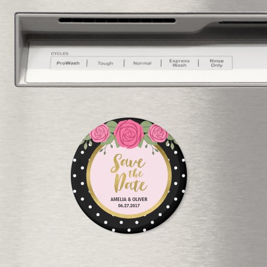 Rosen und Schwarz-weiße Polka Dot Save the Date Magnet (In Situ (Geschirrspüler))