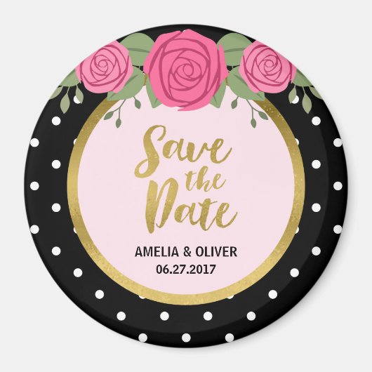 Rosen und Schwarz-weiße Polka Dot Save the Date Magnet (Vorne)