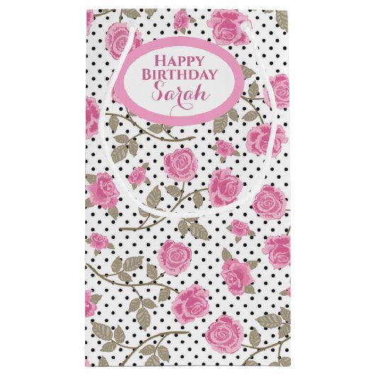 Rosen und schwarze Polka Punkte Mit Monogramm Kleine Geschenktüte (Rückseite)