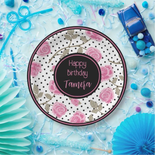 Rosen und schwarze Polka Punkte Personalisiert Pappteller (Party)