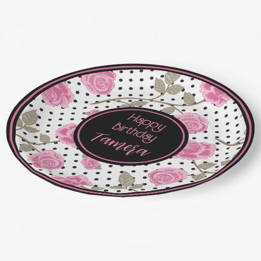 Rosen und schwarze Polka Punkte Personalisiert Pappteller (Schrägansicht)