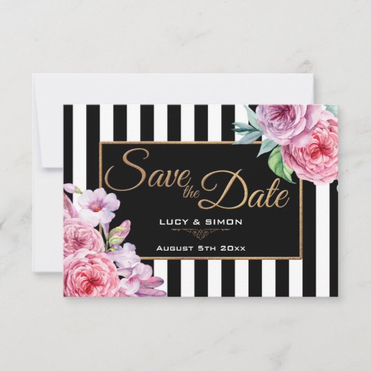 Rosen und Streifen Save the Date, rosa Date (Vorderseite)