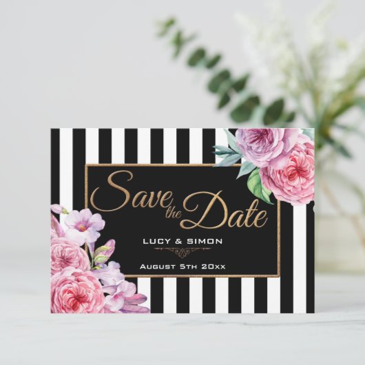 Rosen und Streifen Save the Date, rosa Save The Date (Stehend Vorderseite)