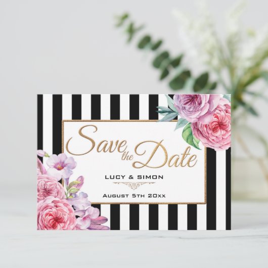 Rosen und Streifen Save the Date, rosa Save The Date (Stehend Vorderseite)