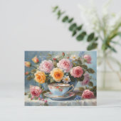 Rosen und Teetasse Postkarte (Stehend Vorderseite)