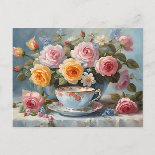 Rosen und Teetasse Postkarte (Vorderseite)