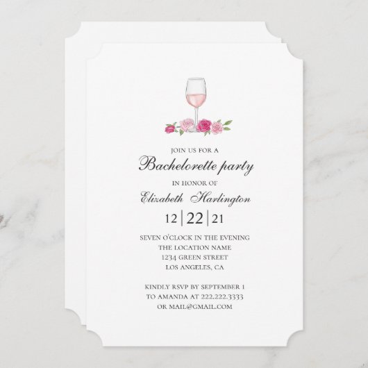 Rosen und Wein in Rosa. Junggeselinnen-Abschied Einladung (Vorne/Hinten)