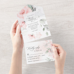 Rosenblüten, rosa Blumen, Grünpflanzen, Hochzeit All In One Einladung