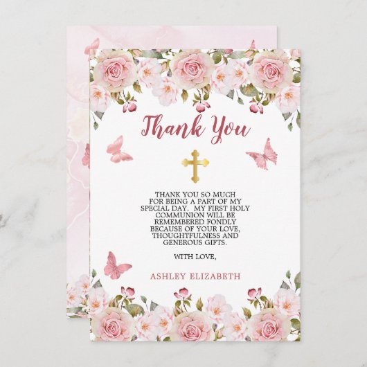 Rosenblüten und Schmetterlinge Erste Kommune Dankeskarte (Vorne/Hinten)