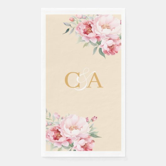 Rosenblütenblüten, beige Monogramm Hochzeit Serviette (Vorderseite)