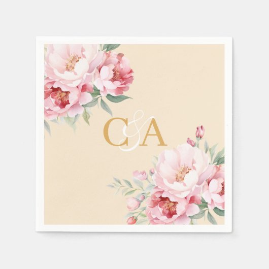 Rosenblütenblüten, beige Monogramm Hochzeit Serviette (Vorderseite)