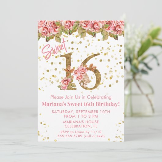 Rosenblütensaft 16 Geburtstagsparty Einladung (Stehend Vorderseite)